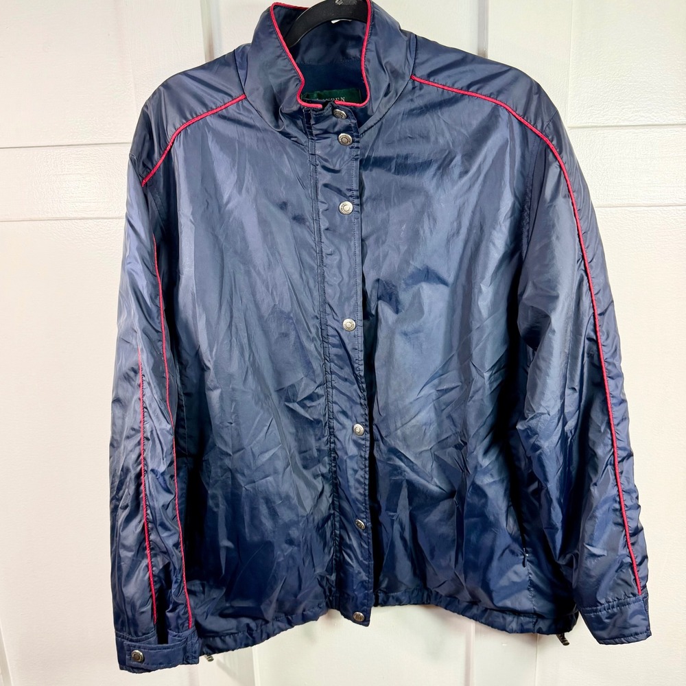 VTG Lauren Ralph Lauren Womens Sz XL Track Jacket Windbreaker 90s Navy Zip Snap